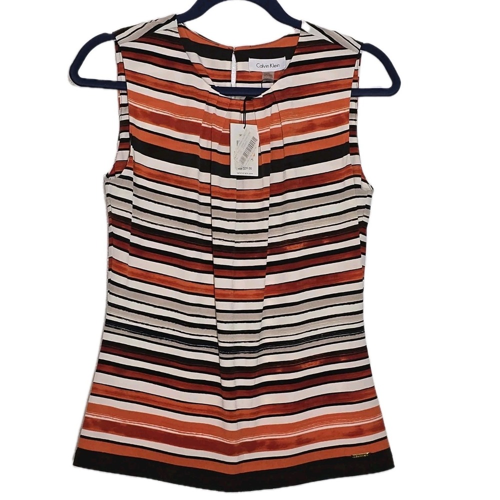 Calvin Klein Striped Sleeveless Blouse NWT Size M Chic Career Top ✨